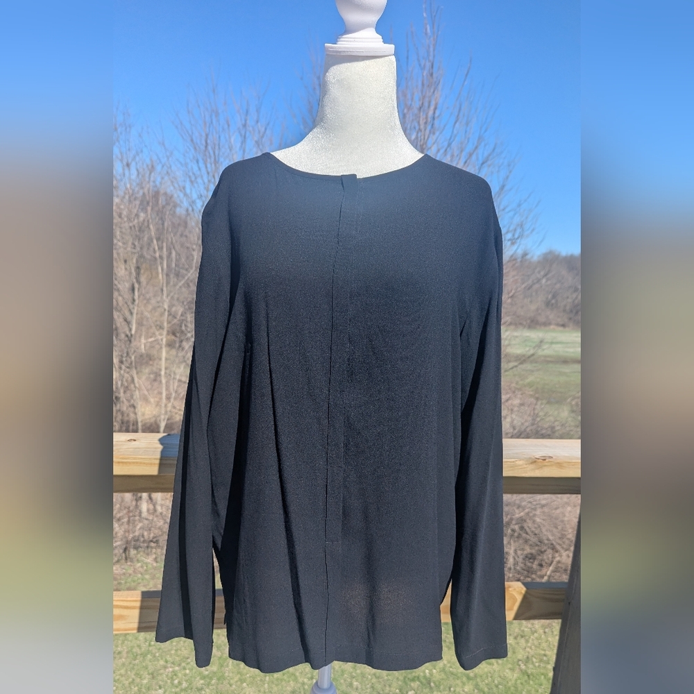 Eileen Fisher 100% Silk Black Blouse Button Down Lightweight Texture Size XL